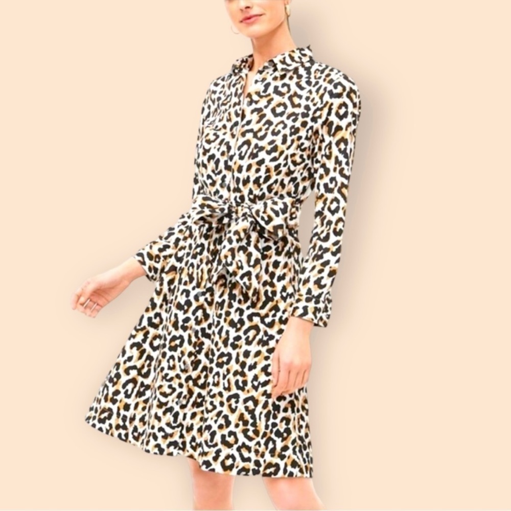 J. Crew leopard print tie-waist shirt dress pockets long sleeve buttons collar 2